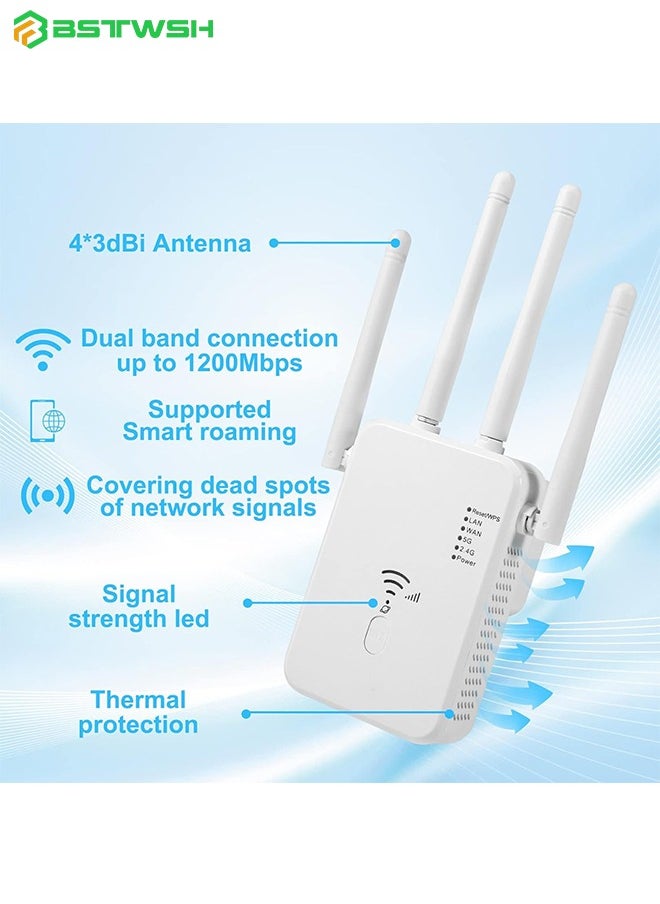 BSTWSH - WiFi Booster, WiFi Extender, Cover up to 12880 sq.ft & 100 Devices, 1200Mbps Wall-Through Strong WiFi Booster, Dual Band 2.4G and 5G, with Ethernet Port & AP Mode, 4 Antennas 360° Full Coverage - Image 1