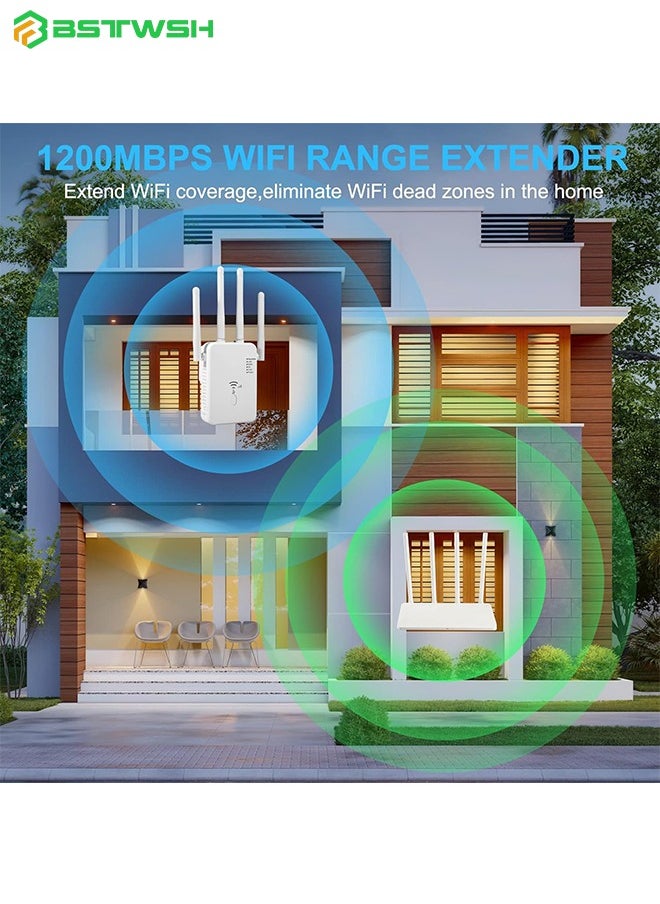 BSTWSH - WiFi Booster, WiFi Extender, Cover up to 12880 sq.ft & 100 Devices, 1200Mbps Wall-Through Strong WiFi Booster, Dual Band 2.4G and 5G, with Ethernet Port & AP Mode, 4 Antennas 360° Full Coverage - Image 1