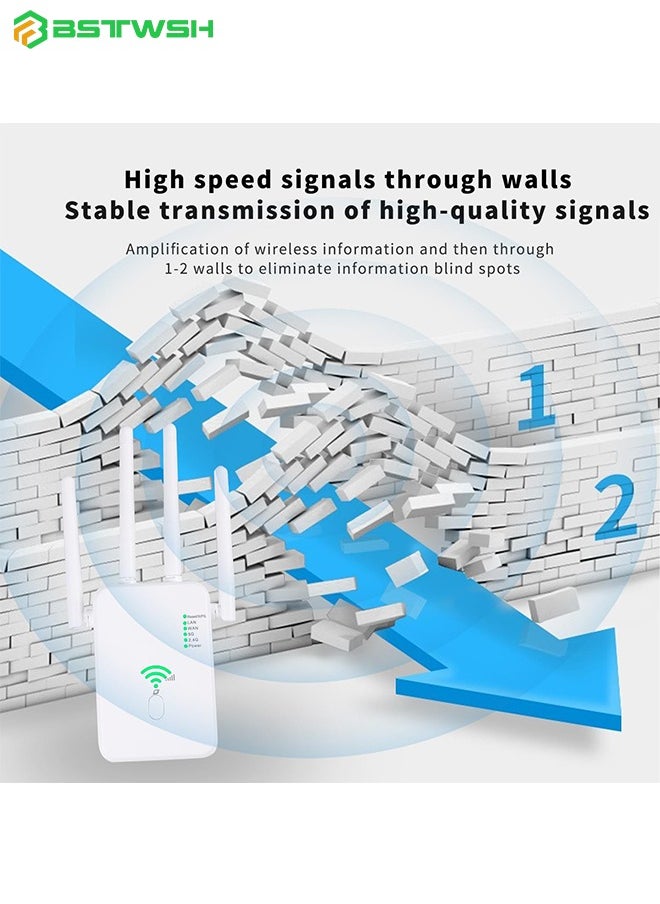 BSTWSH - WiFi Booster, WiFi Extender, Cover up to 12880 sq.ft & 100 Devices, 1200Mbps Wall-Through Strong WiFi Booster, Dual Band 2.4G and 5G, with Ethernet Port & AP Mode, 4 Antennas 360° Full Coverage - Image 1