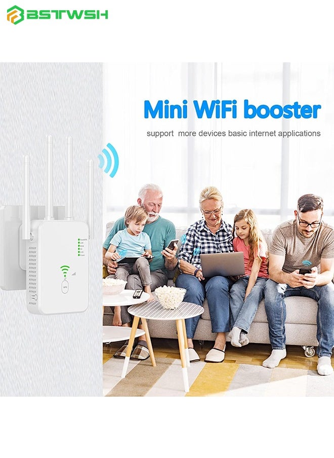 BSTWSH - WiFi Booster, WiFi Extender, Cover up to 12880 sq.ft & 100 Devices, 1200Mbps Wall-Through Strong WiFi Booster, Dual Band 2.4G and 5G, with Ethernet Port & AP Mode, 4 Antennas 360° Full Coverage - Image 1