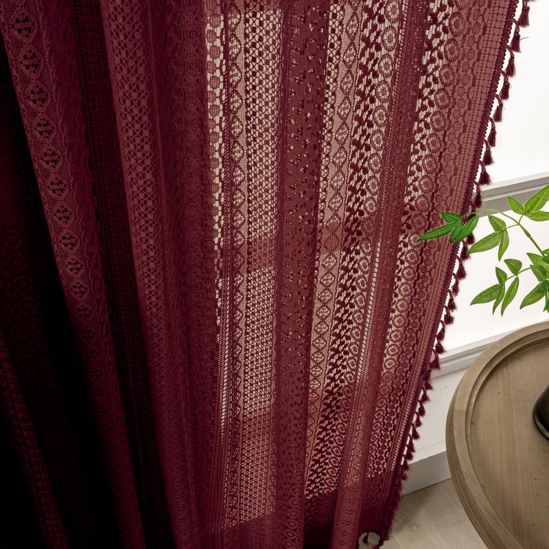 WAZZIO Boho Lace Curtains 84 Inches 2 Panel,Light Filtering Privacy Tassel & Geometry Crochet Semi Sheer Curtain Drapes for Bedroom Living Dining Room,Rod Pocket & Tassel,Burgundy Red - Image 3