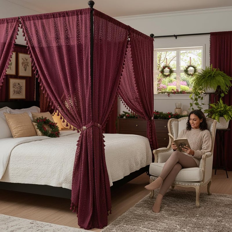 WAZZIO Boho Lace Curtains 84 Inches 2 Panel,Light Filtering Privacy Tassel & Geometry Crochet Semi Sheer Curtain Drapes for Bedroom Living Dining Room,Rod Pocket & Tassel,Burgundy Red - Image 2
