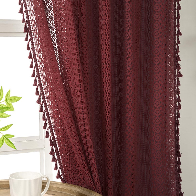 WAZZIO Boho Lace Curtains 84 Inches 2 Panel,Light Filtering Privacy Tassel & Geometry Crochet Semi Sheer Curtain Drapes for Bedroom Living Dining Room,Rod Pocket & Tassel,Burgundy Red - Image 1