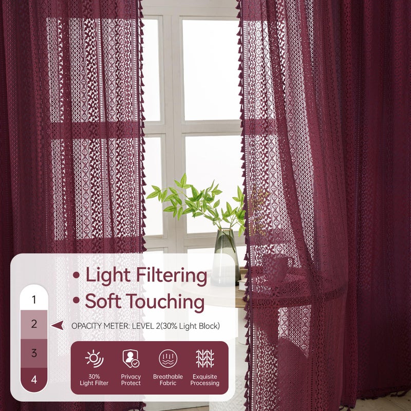 WAZZIO Boho Lace Curtains 84 Inches 2 Panel,Light Filtering Privacy Tassel & Geometry Crochet Semi Sheer Curtain Drapes for Bedroom Living Dining Room,Rod Pocket & Tassel,Burgundy Red - Image 4