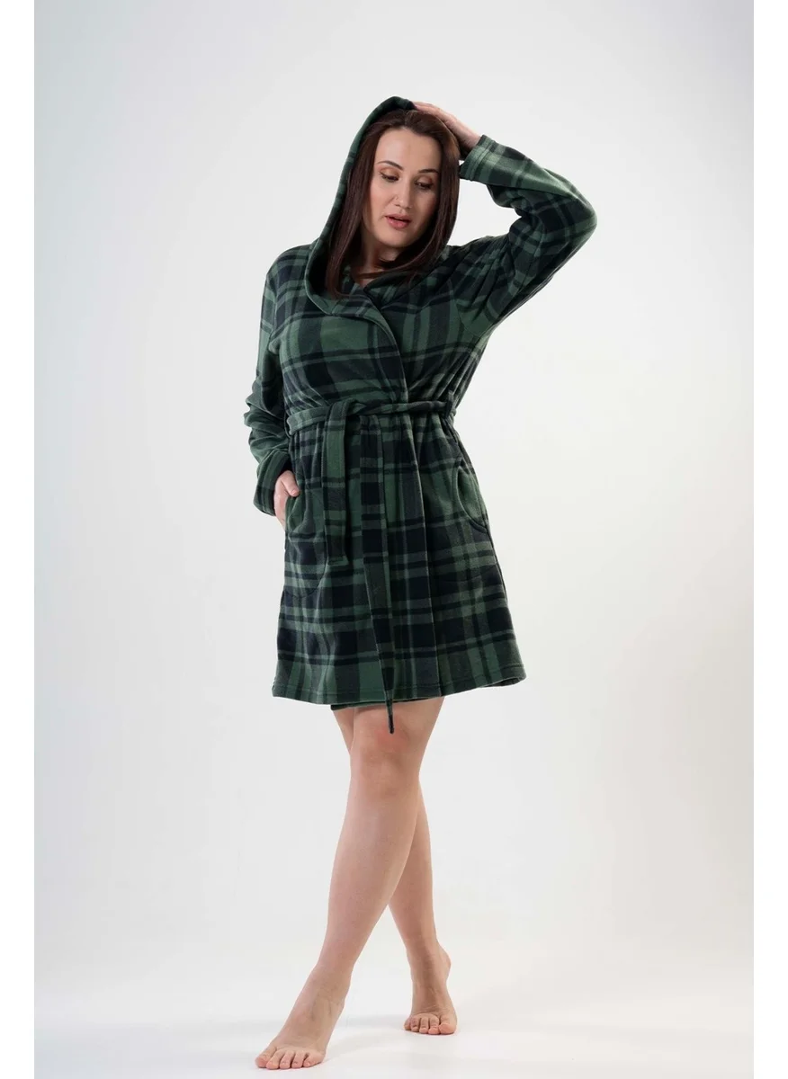 فينيتا Women's Large Size Hooded Green Fleece Dressing Gown 201025-0357