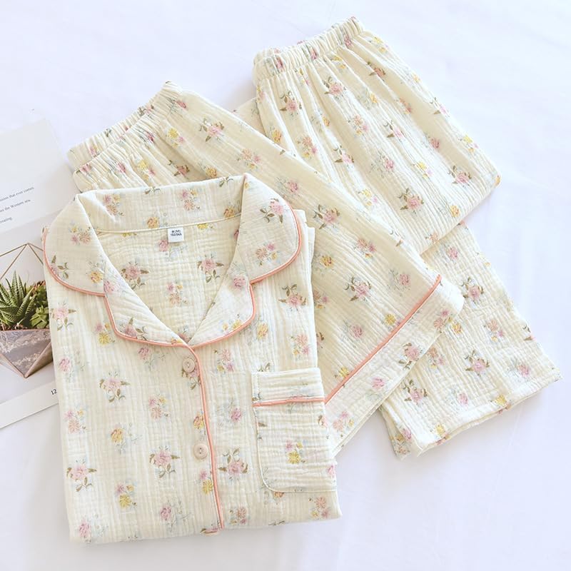 codcm Womens 3pcs Cotton Pajamas Set Short Sleeve Sleepwear Fruit Print Cute Pj Set with Long Pants(Flower03,Medium) - Image 4