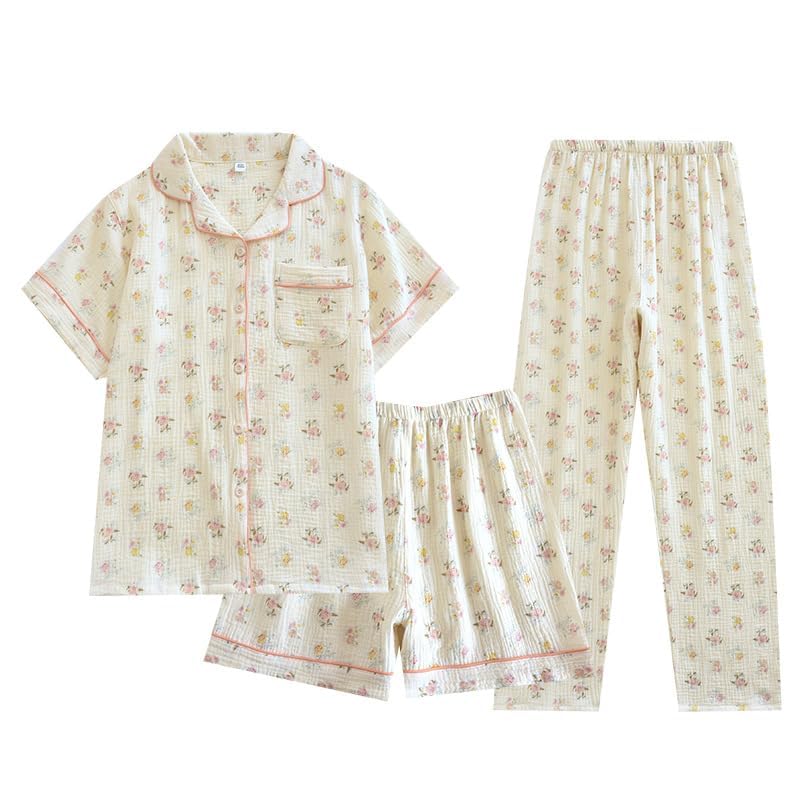 codcm Womens 3pcs Cotton Pajamas Set Short Sleeve Sleepwear Fruit Print Cute Pj Set with Long Pants(Flower03,Medium) - Image 1