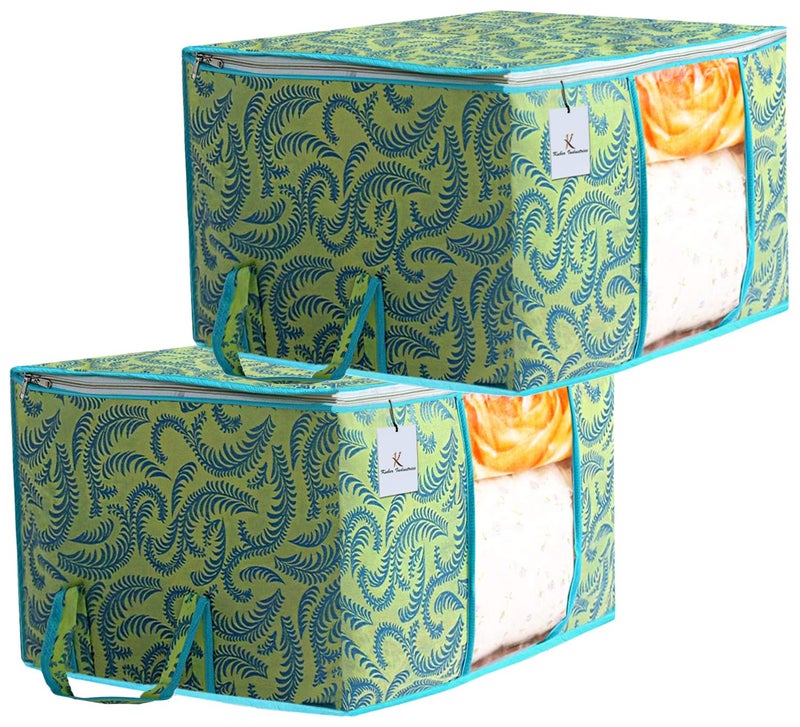 Kuber Industries NonWoven Metallic Printed Non Woven Underbed BagStorage OrganiserBlanket Cover With Transparent WindowStorage Bag For Clothes LargePack Of 2 Green - Image 1