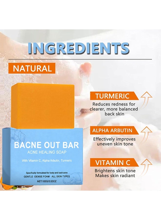 OceAura Bacne Out Bar, Acne Healing Soap With Turmeric Vitamin C & Alphaarbutin, Natural Exfoliating Cleanser For Back, Face, Chest, Shoulders, Tumeric Soap For Acne, Dark Spots, Hyperpigmentation, Smooth Skin, 100g - Image 5