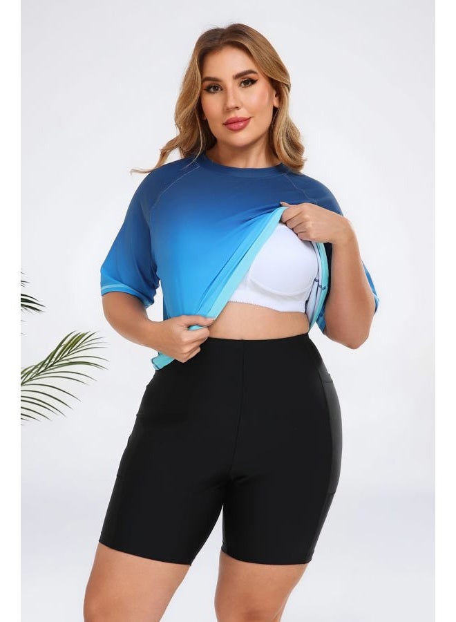 Halcurt Women's Plus Built in Bra Rash Guard Two Piece Swim Shirt and Pockets Boyleg Shorts, Black+orange Floral, 1X - Image 2