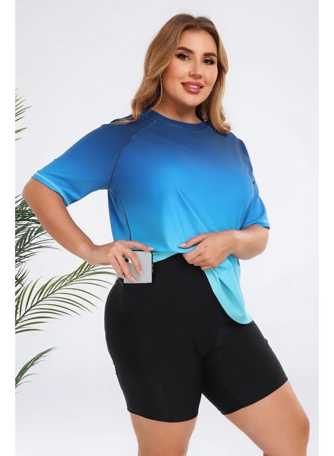 Halcurt Women's Plus Built in Bra Rash Guard Two Piece Swim Shirt and Pockets Boyleg Shorts, Black+orange Floral, 1X - Image 4