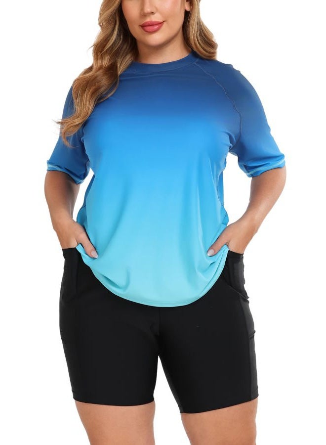 Halcurt Women's Plus Built in Bra Rash Guard Two Piece Swim Shirt and Pockets Boyleg Shorts, Black+orange Floral, 1X - Image 1