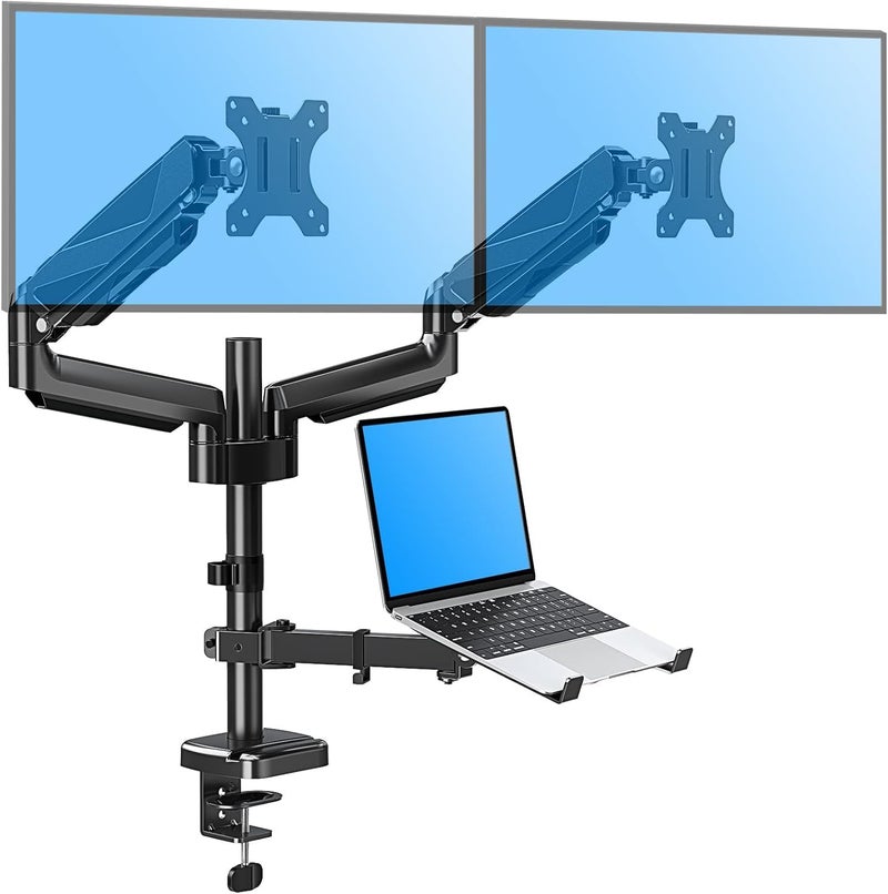MOUNTUP Dual Monitor and Laptop Mount, Adjustable Monitor Stand for 2 Max 27" Computer Screens, Laptop Tray Fits 10-17inch Notebook, Holds 4.4-17.6lbs Per Arm, 3-in-1 Adjustable Monitor Desk Mount - Image 1