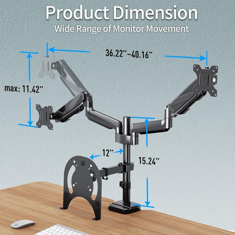 MOUNTUP Dual Monitor and Laptop Mount, Adjustable Monitor Stand for 2 Max 27" Computer Screens, Laptop Tray Fits 10-17inch Notebook, Holds 4.4-17.6lbs Per Arm, 3-in-1 Adjustable Monitor Desk Mount - Image 4