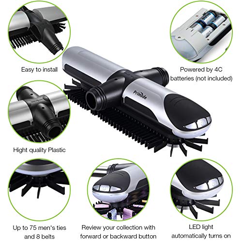 Primode Motorized Tie Rack Closet Organizer with LED Lights Includes J Hooks for Wired Shelving Stores Up to 72 Ties & 8 Belts Operates with Batteries - Image 3