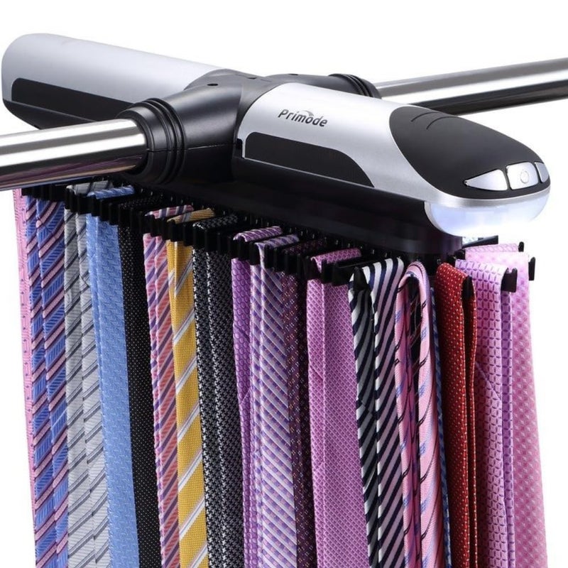 Primode Motorized Tie Rack Closet Organizer with LED Lights Includes J Hooks for Wired Shelving Stores Up to 72 Ties & 8 Belts Operates with Batteries - Image 1