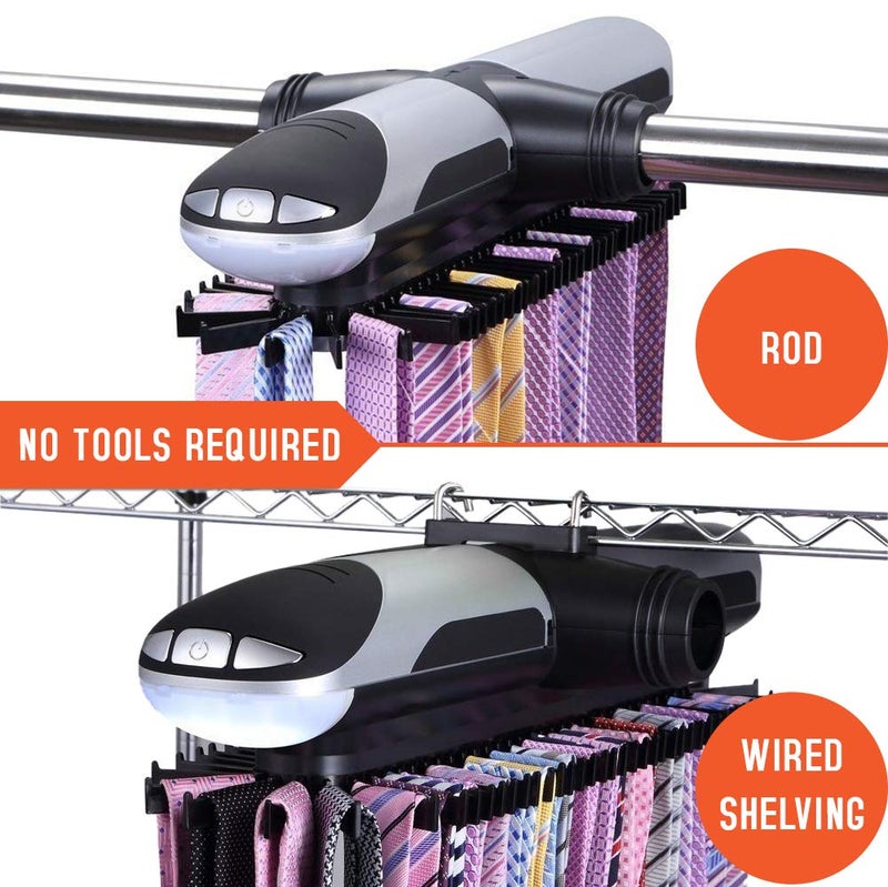 Primode Motorized Tie Rack Closet Organizer with LED Lights Includes J Hooks for Wired Shelving Stores Up to 72 Ties & 8 Belts Operates with Batteries - Image 2