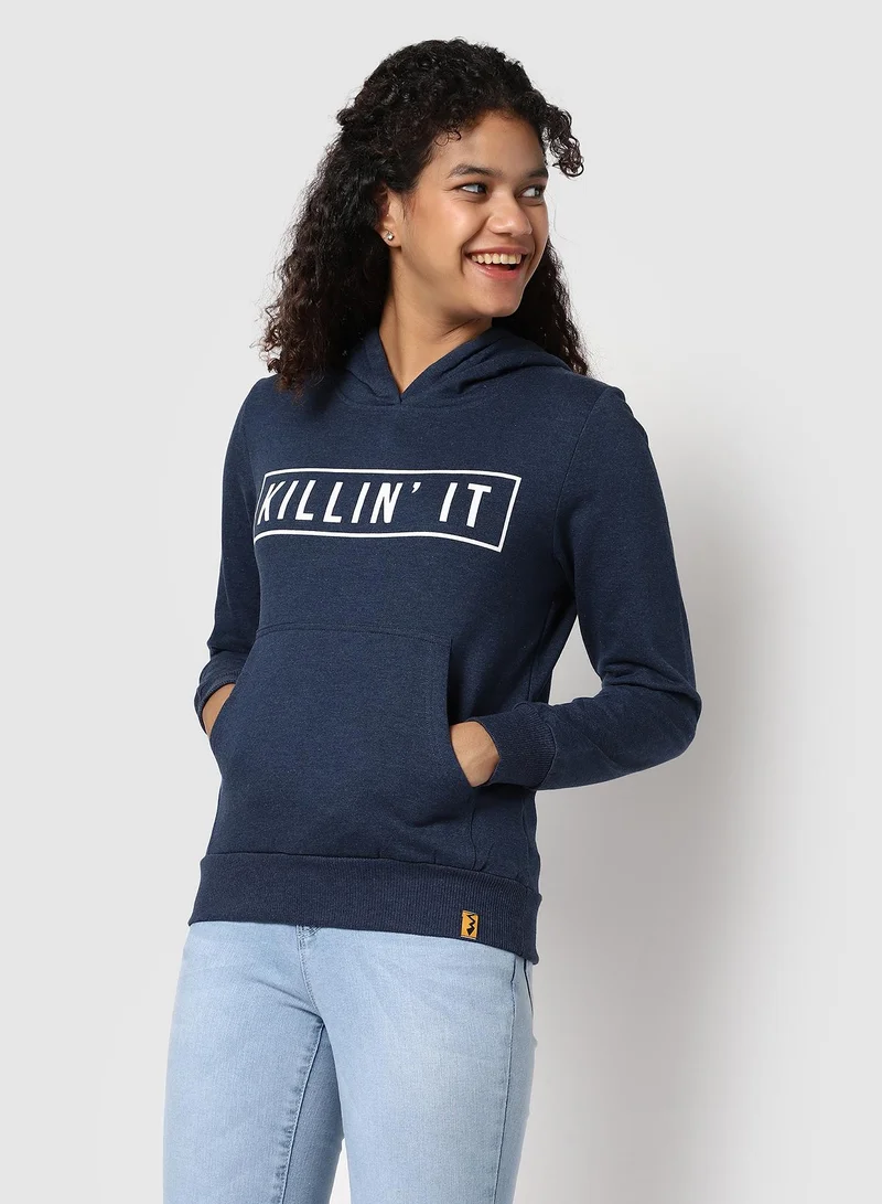 Campus Sutra Women's Navy Blue Killing-It Print Pullover Hoodie