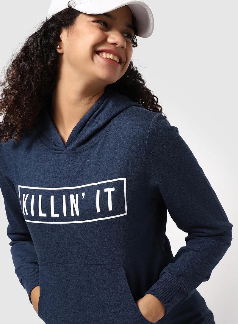 Campus Sutra Women's Navy Blue Killing-It Print Pullover Hoodie