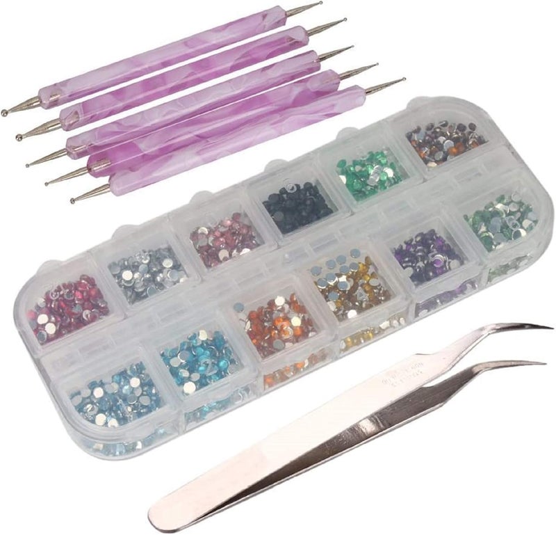CJESLNA 3000pcs 2mm 12 Color Nail Art Glitter Rhinestones Tips + 5 x 2 Way Marbleizing Dotting Pen + Tweezer
