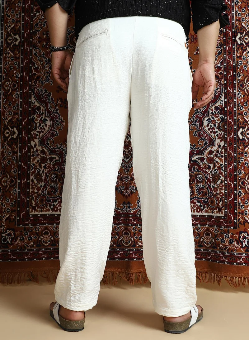Instafab Plus  Men's Cream White Crinkle Cigarette Trousers For Casual Wear | Mid-Rise | Regular Fit | Button Closure | Plus Size Trousers Crafted With Comfort Fit For Everyday Wear for Men | Best Price UAE