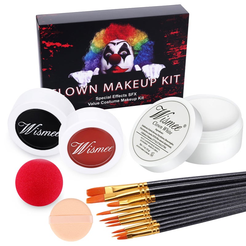 Wismee Clown White Black Red Face Body Paintï¼ŒClown Makeup Kitï¼ŒJoker Zombie Vampire Skeleton Halloween Makeup Kit for Adults Oil Based Face Painting Kit with Brushes & 1 Clown Nose - Image 2