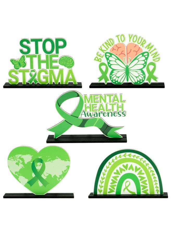 BkeeCten 5pcs Mental Health Awareness Wooden Centerpieces Decorations, Green Ribbon Positive Detachable Wooden Desktop Tiered Tray Mental Health Awareness Month Indoor Decoration Handout Supplies - Image 1