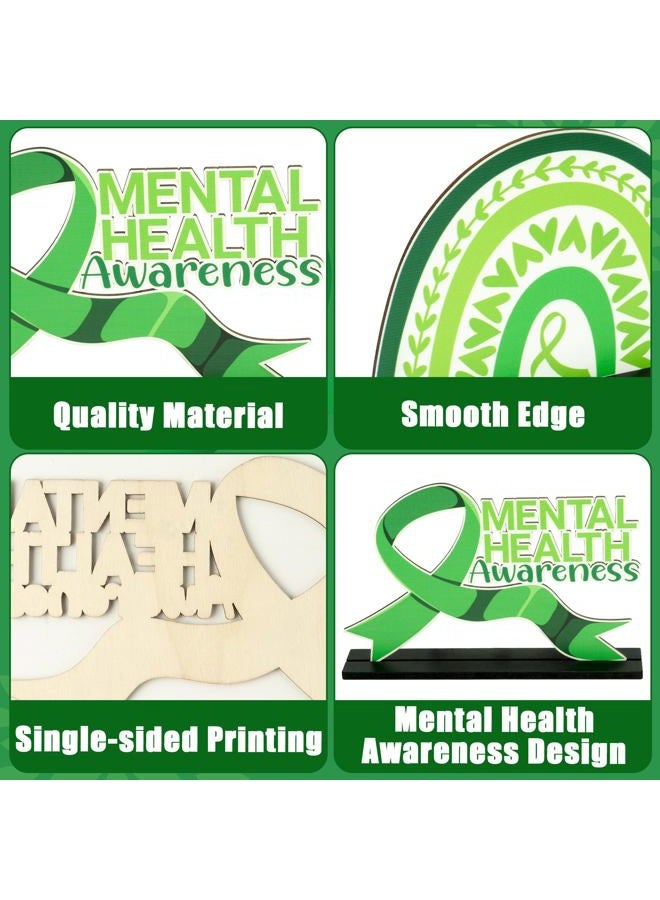 BkeeCten 5pcs Mental Health Awareness Wooden Centerpieces Decorations, Green Ribbon Positive Detachable Wooden Desktop Tiered Tray Mental Health Awareness Month Indoor Decoration Handout Supplies - Image 3