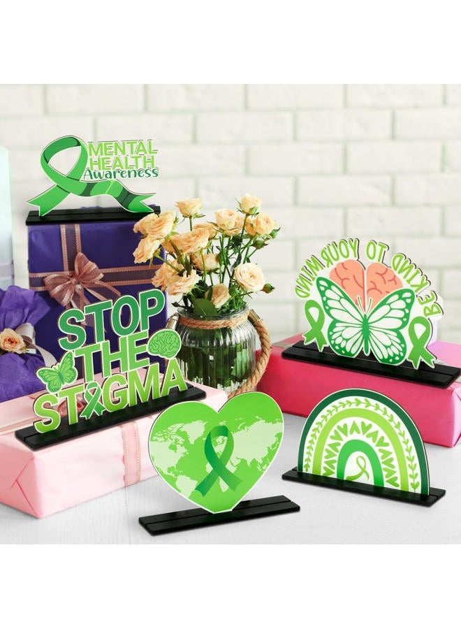 BkeeCten 5pcs Mental Health Awareness Wooden Centerpieces Decorations, Green Ribbon Positive Detachable Wooden Desktop Tiered Tray Mental Health Awareness Month Indoor Decoration Handout Supplies - Image 5