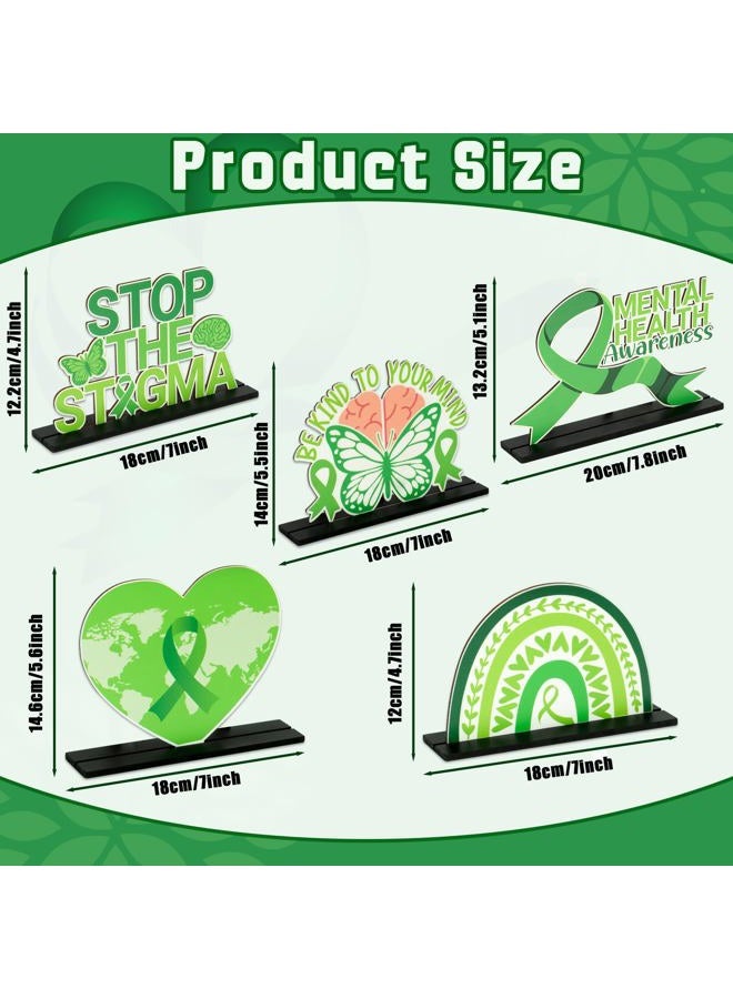 BkeeCten 5pcs Mental Health Awareness Wooden Centerpieces Decorations, Green Ribbon Positive Detachable Wooden Desktop Tiered Tray Mental Health Awareness Month Indoor Decoration Handout Supplies - Image 2
