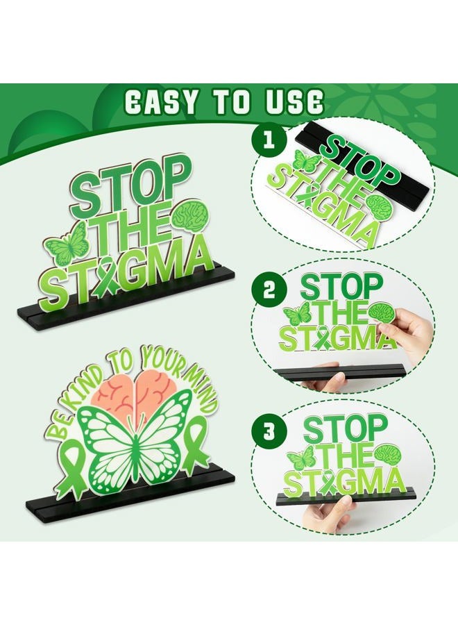 BkeeCten 5pcs Mental Health Awareness Wooden Centerpieces Decorations, Green Ribbon Positive Detachable Wooden Desktop Tiered Tray Mental Health Awareness Month Indoor Decoration Handout Supplies - Image 4