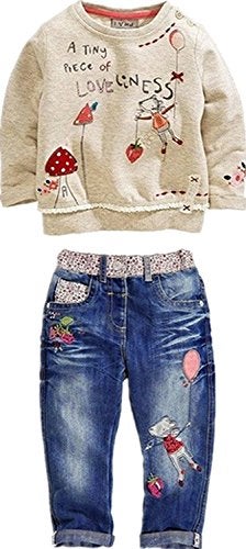 LUKYCILD Toddler Girl Clothes Baby Girl Long Sleeve Top + Jeans Pants with Pockets 2 Piece Outfit Cartoon Clothing Set - Image 1