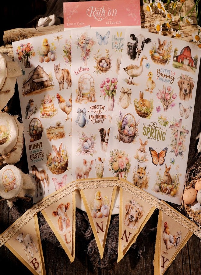 CATaireen Spring Easter Crafts Rub On Transfers Sticker Vintage Floral Farm Rabbit Cow Decal DIY Egg Cute Bunny Use for Fabric Clay Paper Wood Holiday Scrapbooking Embellishments (Larger 3 Sheets) - Image 4