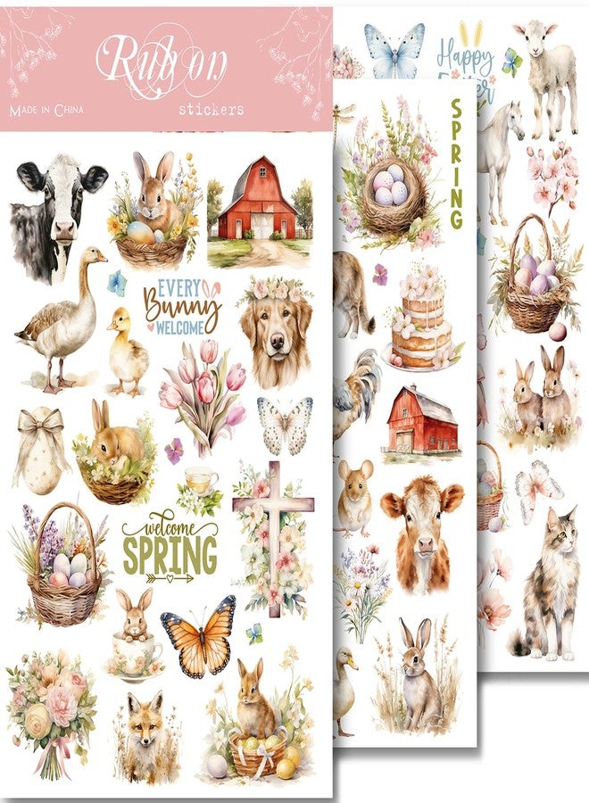 CATaireen Spring Easter Crafts Rub On Transfers Sticker Vintage Floral Farm Rabbit Cow Decal DIY Egg Cute Bunny Use for Fabric Clay Paper Wood Holiday Scrapbooking Embellishments (Larger 3 Sheets) - Image 1