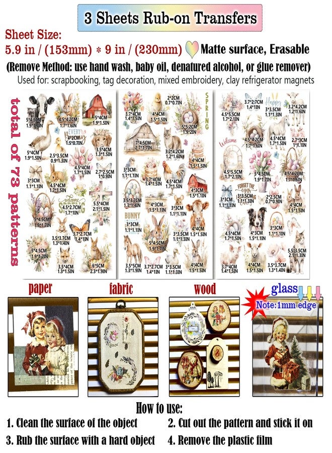 CATaireen Spring Easter Crafts Rub On Transfers Sticker Vintage Floral Farm Rabbit Cow Decal DIY Egg Cute Bunny Use for Fabric Clay Paper Wood Holiday Scrapbooking Embellishments (Larger 3 Sheets) - Image 2
