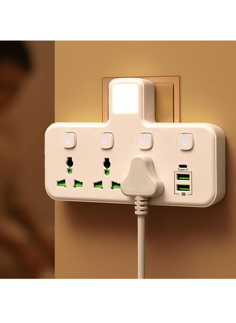 محول مقبس تمديد متعدد المكونات مع ضوء ليلي ، محول طاقة تمديد عالمي مع 2 USB-A و 1 USB-C (منافذ شاحن سريع) ، مقبس شحن حائط موسع محول 3 طرق