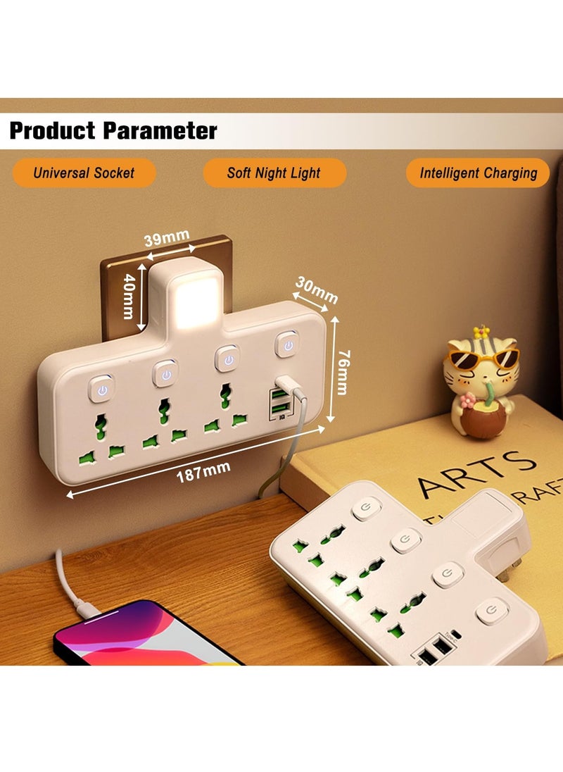 Necomi - Multi Plug Extension Socket Adapter with Night Light, Universal Extension Power Adapter With 2 USB-A & 1 USB-C(Fast Charger Ports),Extender Wall Charge Socket 3 Way Adaptor - Image 1
