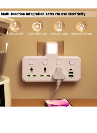 Multi Plug Extension Socket Adapter with Night Light, Universal Extension Power Adapter With 2 USB-A & 1 USB-C(Fast Charger Ports),Extender Wall Charge Socket 3 Way Adaptor - view 2