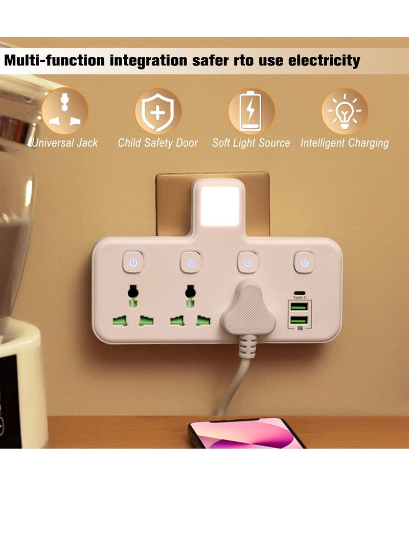 Necomi - Multi Plug Extension Socket Adapter with Night Light, Universal Extension Power Adapter With 2 USB-A & 1 USB-C(Fast Charger Ports),Extender Wall Charge Socket 3 Way Adaptor - Image 1