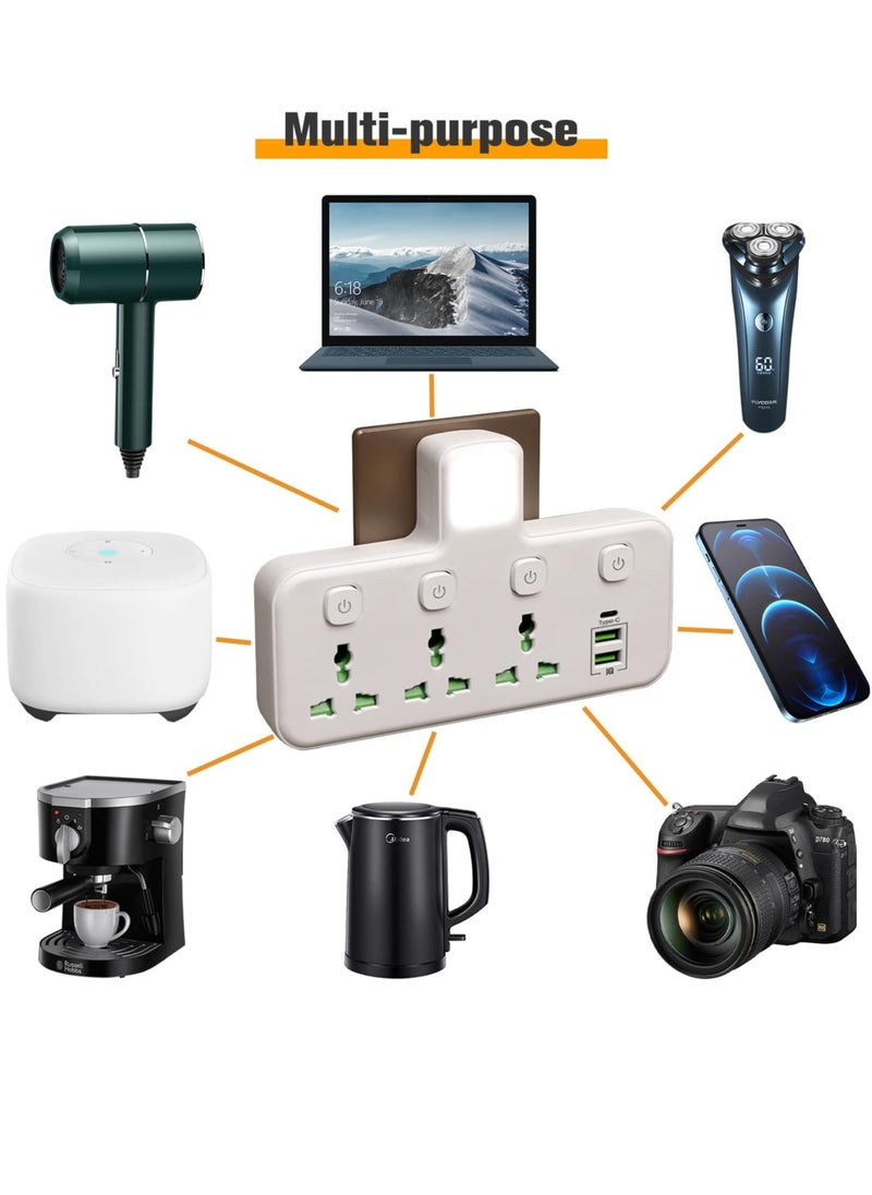 Necomi - Multi Plug Extension Socket Adapter with Night Light, Universal Extension Power Adapter With 2 USB-A & 1 USB-C(Fast Charger Ports),Extender Wall Charge Socket 3 Way Adaptor - Image 1