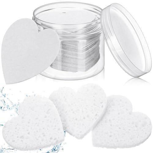 Nuenen 60 Pieces Facial Sponges with Container Heart Shape Compressed Face Sponges Natural Cleaning Pads for Washing Face Cleaning Exfoliating Esthetician Makeup RemovalWhite - Image 1