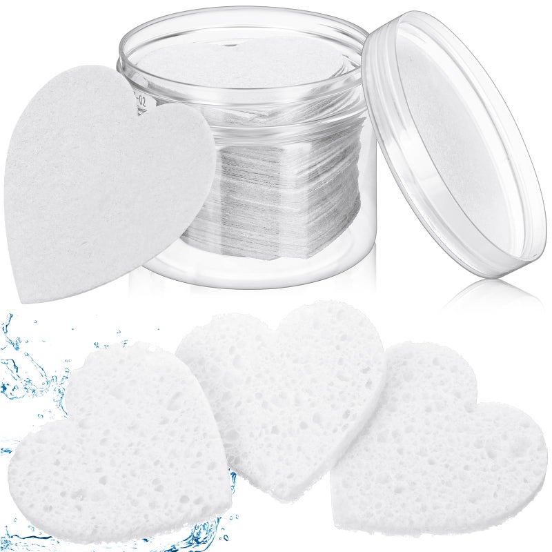 Nuenen 60 Pieces Facial Sponges with Container Heart Shape Compressed Face Sponges Natural Cleaning Pads for Washing Face Cleaning Exfoliating Esthetician Makeup RemovalWhite - Image 2