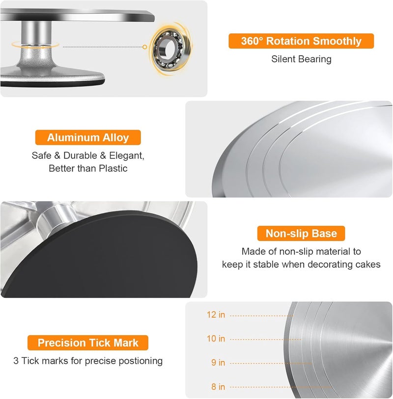 Uten 12 Inch Cake Turntable Cake Decorating Supplies Kit, 33 pcs Rotating Aluminium Cake Stand Set, Baking Tools with 20 Icing Tips, Bags, 3 Icing Smoother, Straight & Offset Spatula, Silicone Spatula - Image 5