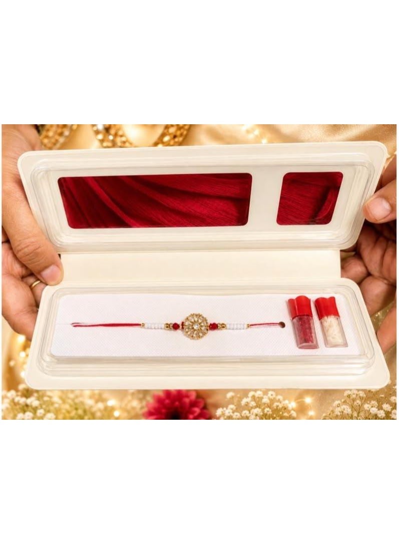 Rajshi Premium Designer Rakhi Gift Box with Kumkum & Chawal | Elegant Stone Rakhi for Brother | Festive Raksha Bandhan Gift Pack -Size 36 - Image 1