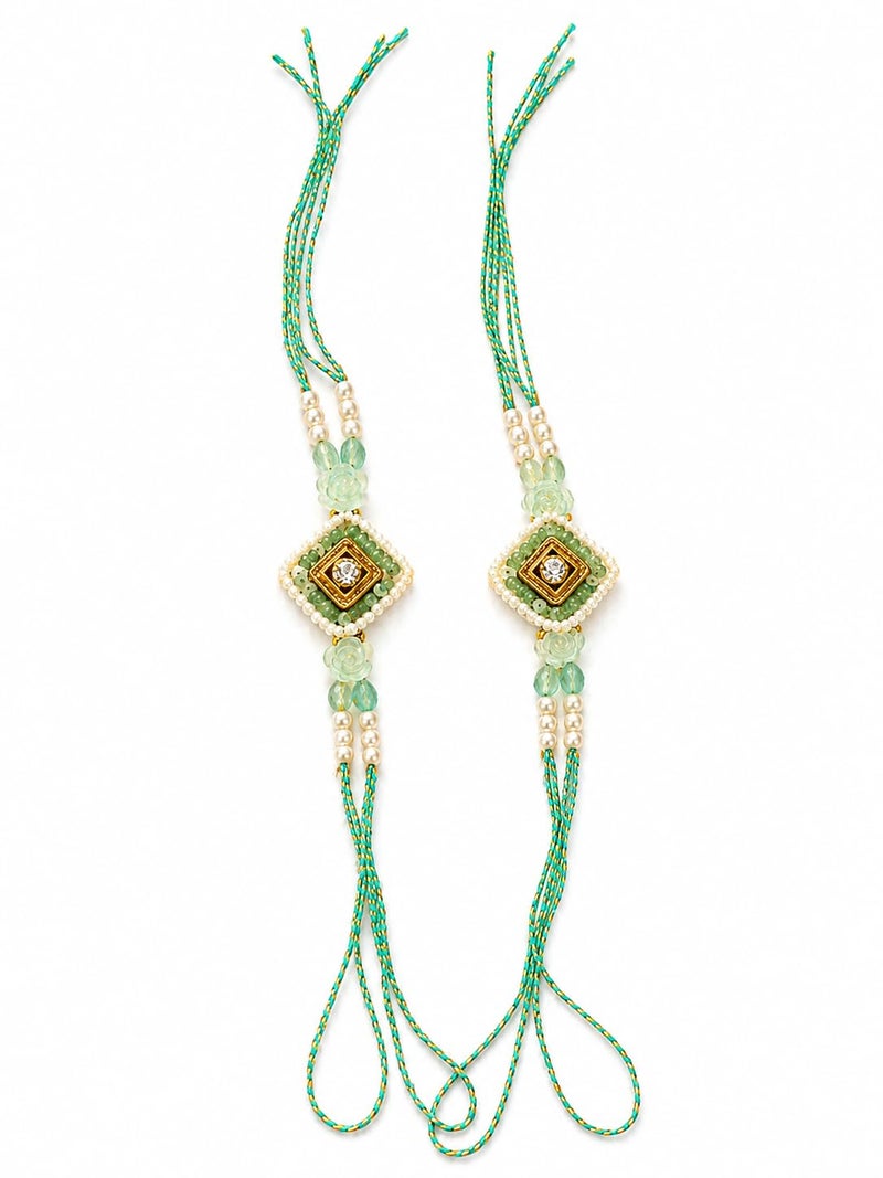 Rajshi Rakhi for Rakshabandhan, Green Beaded Diamond Motif - Image 1
