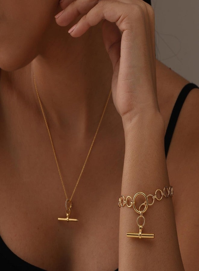 LeCalla أساور ليكالا من الفضة الإسترلينية 925 للنساء | سوار متشابك مطلي بالذهب عيار 14 قيراط مع شريط T | سوار حلقة بيضاوية مع مشبك تبديل للنساء بطول 7.5 بوصات - Image 2