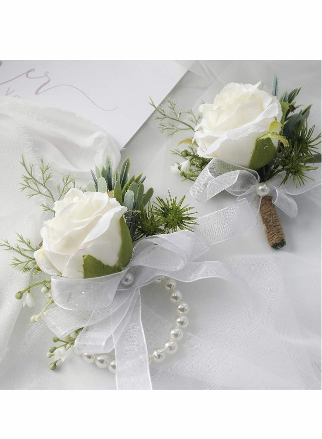 Generic Women's Wrist Corsage,Wedding Groomsmen and Bridesmaids Corsage,Rose Corsage Wristlet Band, Bracelet for Women Bride Bridesmaid White Wedding Prom (2 PCS)  - Image 1