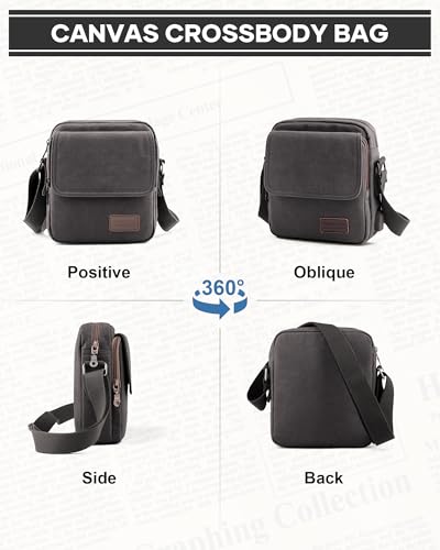 WISEPACK Small Crossbody Bag for Men,Vintage Canvas Messenger Shoulder Bags Crossbody Satchel Bag Men's Side Bags Women Over the Shoulder Purse for Phone Passport Bolsos Para Hombre Black Grey - Image 3