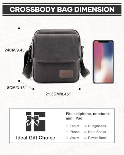 WISEPACK Small Crossbody Bag for Men,Vintage Canvas Messenger Shoulder Bags Crossbody Satchel Bag Men's Side Bags Women Over the Shoulder Purse for Phone Passport Bolsos Para Hombre Black Grey - Image 2