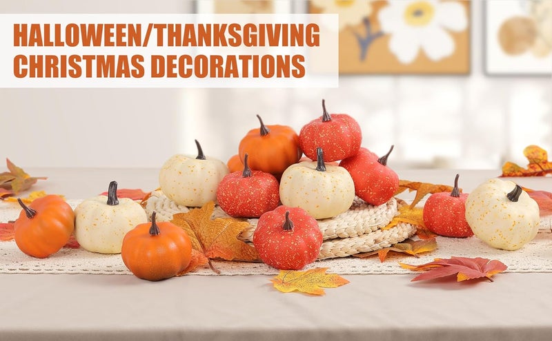 CHEAWRTZ 16PCS Realistic Mini Pumpkin Decor,Fall Decor with Pumpkins Maple Leaves, Artificial Pumpkin Decor for Autumn Filler, Realistic Pumpkin Decorations for Halloween Thanksgiving Fall Home Decor - Image 2